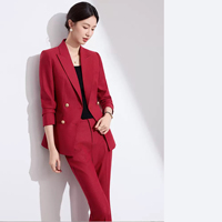 Setelan Bisnis Wanita Mier 2-Piece Double Breasted Solid Woven Bordir Anti-Kusut Blazer Kancing V-neck Lengan Panjang untuk Kantor