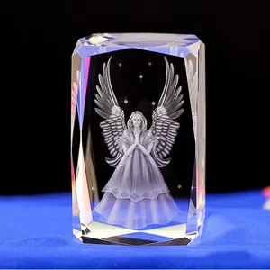 3D laser Crystal Angel 24 Cut Etched Glass Laser Engraved Miniature Model Cube for Church Gifts