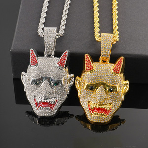Colar com Pingente Máscara Hannya Cravejada em Liga de Zinco, Corrente de Corda, Dourado e Prateado, para Homens e Mulheres, Joia Facial de Demônio Estilo Hip Hop, Presente - Product Image 1