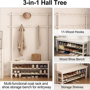 Moderno perchero blanco de estilo mid-century moderno con 11 ganchos, estantes de almacenamiento de 2 niveles, banco de madera 3 en 1 <span class=keywords><strong>para</strong></span> <span class=keywords><strong>recibidor</strong></span> y zapatero de sala de estar - Product Image 5