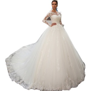 European American Style Wedding Dress O-Neck Long Sleeve Lace Ball Gown Princess Waistline White Tulle Netting Vintage Bride - Product Image 3