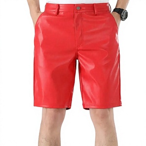 KIVOTECH Men Red <b>PU</b> Leather Bermuda <b>Shorts</b> Casual Solid Color Button Fly With Pockets Mid Waist Woven Fabric - Product Image 1