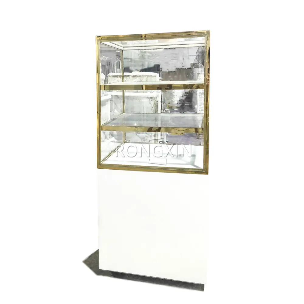 Fashion Jewelry Shop Cabinet Tall Glass Display Showcase Design Shop Fitting Factory Custom Gold Frame Led Light Glass Showcase
