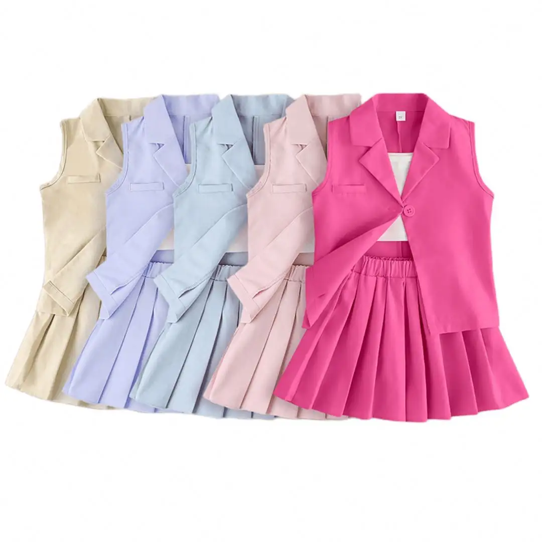 3 개 여름 패션 여자 의류 세트 1-7Y 민소매 선 프루프 재킷 솔리드 메쉬 조끼 + 반바지 원피스