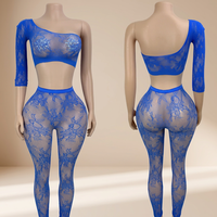 Tenue de festival, tenue de rave, ensemble deux pièces en résille bleue pour femmes, tenue de club sexy, tenue de pole dance, tenue de danse exotique