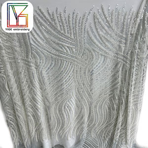 قماش دانتيل تول مطرز بالترتر لحفلات الزفاف أنيقة قماش فاخر ترتر أبيض ثقيل لامع مطرز بالخرز قماش دانتيل شبكي لفساتين النساء - Product Image 6