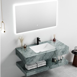 Mueble de baño flotante de mármol blanco CR con lavabo integrado y espejo LED - Product Image 3