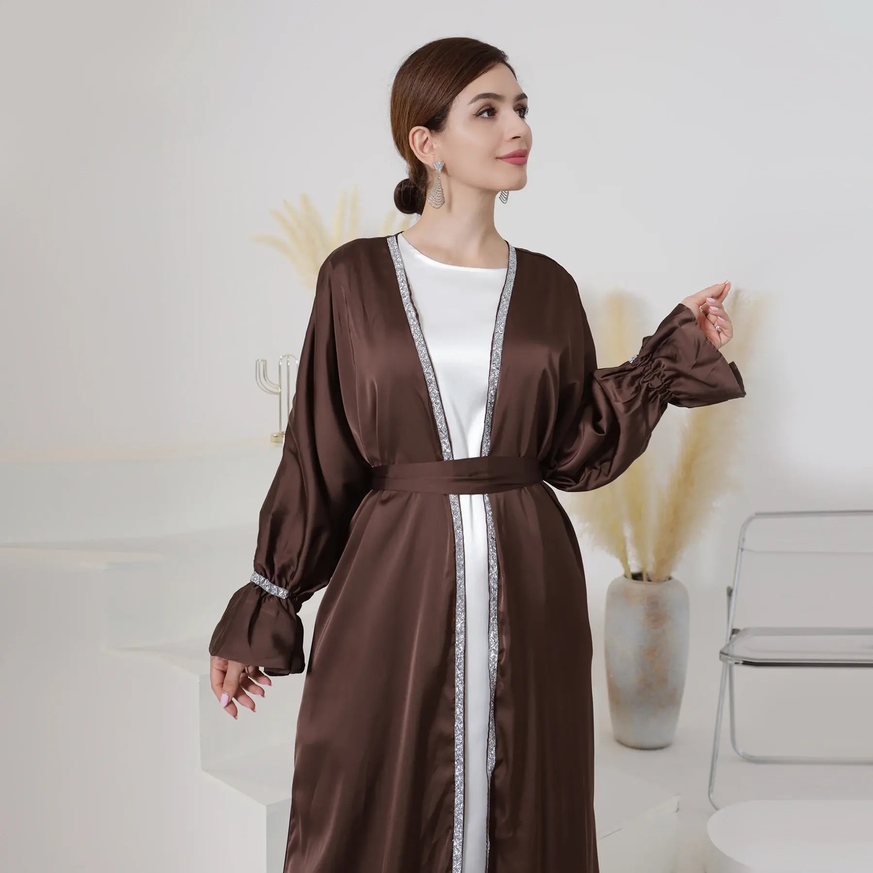 Eid Nieuw Ontwerp 2 Stuks Set Vlinder Abayas Kralen Vrouwen Moslim Jurk 2023 Dubai Bescheiden Kimono Satijn Abaya