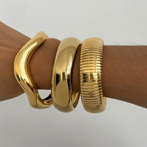 LUCKYJIU Custom 18k Gold Plated Stainless Steel Chunky Geometric Cuff <strong>Bangle</strong> <strong>Bracelet</strong> Waterproof Tarnish Free Fashion Accessory - Product Image 1