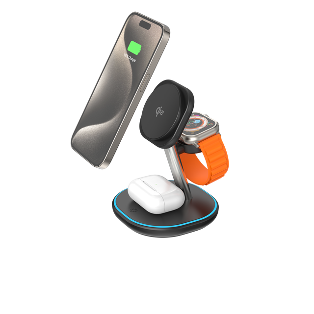 Hot Selling Qi2.0 OEM 3-in-1 Magnetic Wireless Charger Stand Portable 15W Fast Wireless Charger for iPhone Iwatch