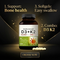 Complément alimentaire 2-en-1 pour le soutien osseux et immunitaire, Vitamine D3 10000 UI et K2 200 mcg à double concentration, en gélules molles avec huile de coco, 240 unités