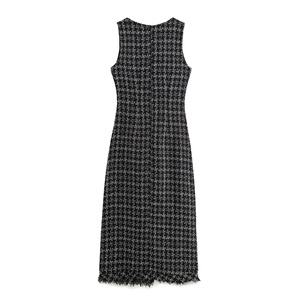 QSY 2025 Sq Are Collar <span class=keywords><strong>B</strong></span> Ttons <span class=keywords><strong>P</strong></span> Patrón a cuadros Color negro Sin mangas Cas Al Fashion Ladies Tweed Maxi Dress - Product Image 2