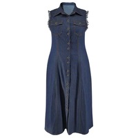 Robe longue en jean élégante pour femme grande taille, sans manches, boutonnée, col rabattu, coupe trapèze, style chemise