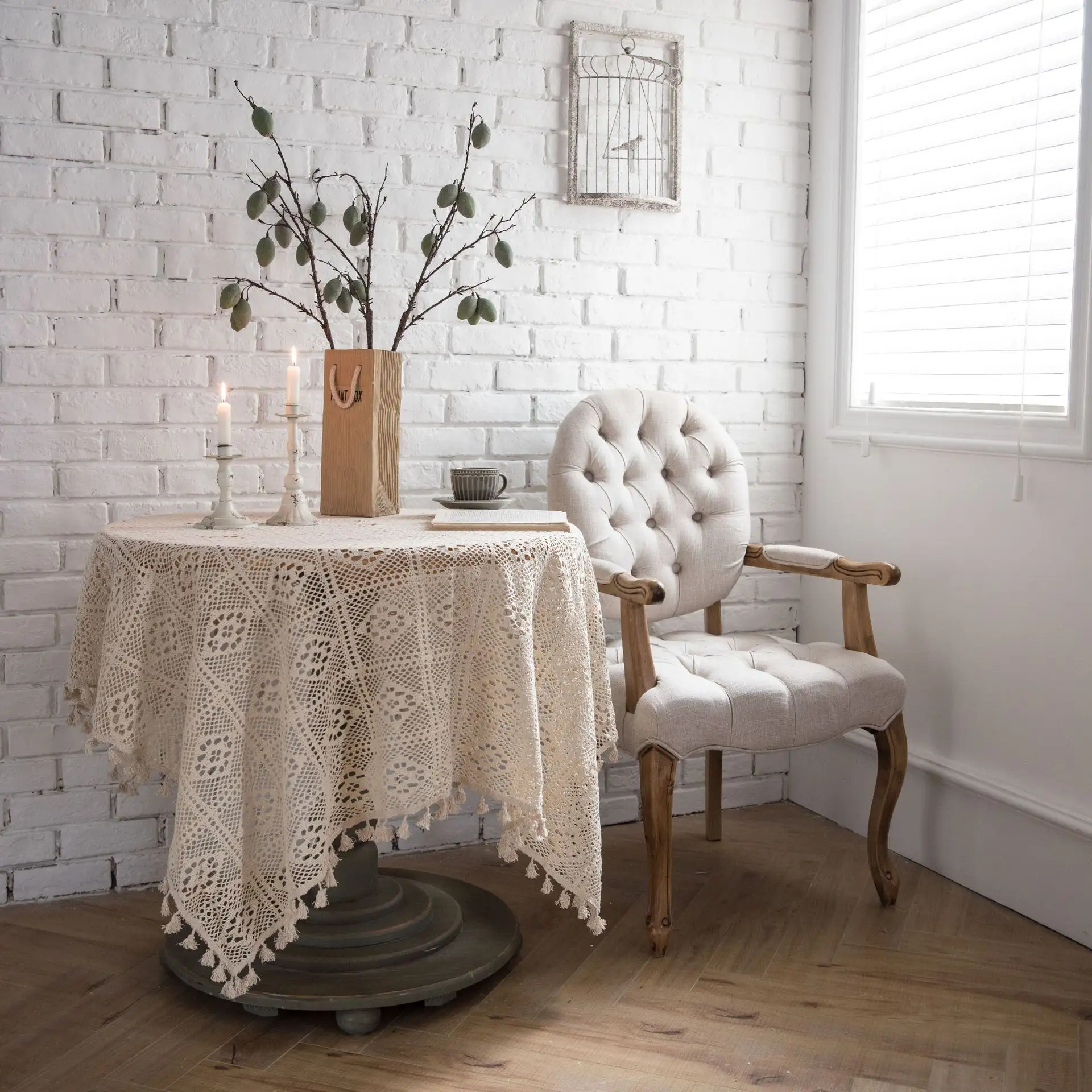 Elegant macrame crocheted knit cotton lace tablecloths white wedding table cloth for party