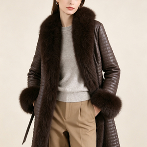 Nuovo Cappotto Lungo da <span class=keywords><strong>Donna</strong></span> in Pelle di Agnello Tyan con Collo e Polsini in Pelliccia di Volpe, Elegante Giacca Lunga Completamente Foderata - Product Image 3