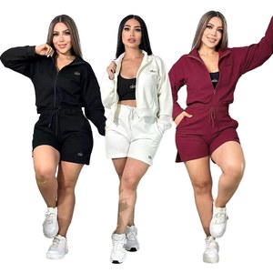 Ensemble décontracté 3 pièces pour femme : crop top, short et haut à manches longues en toile, couleur unie, longueur au-dessus du genou - Product Image 2