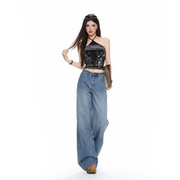 Celana Jeans Denim Kasual Wanita Berkualitas Tinggi, Serbaguna, Pinggang Tinggi, Warna Solid, Efek Water Wash, Kaki Lebar, Panjang hingga Mata Kaki