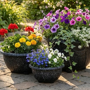 Pots de plantes ronds en plastique PP, décoratifs, à bord festonné, design noir étoilé, fournisseur direct d'usine, taille moyenne - Product Image 6