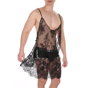 Vêtements <span class=keywords><strong>de</strong></span> <span class=keywords><strong>nuit</strong></span> sexy pour hommes, chemise en dentelle transparente à dos ouvert avec bretelles spaghetti, lingerie exotique pour hommes - Product Image 5
