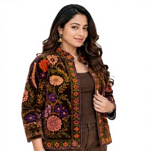 Suzani Embroidered Knitted Velvet <b>Fabric</b> <b>Medium</b> Weight 150D Yarn for Girls' Jackets - Product Image 2