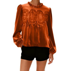 Blusa de Mujer con Mangas Abullonadas y Ribete de Terciopelo, Cuello Redondo, Estilo Elegante y Casual para Otoño 2025, Envío Rápido - Product Image 2