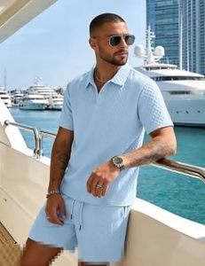 Completo Estivo da <span class=keywords><strong>Uomo</strong></span> in Tessuto Jacquard Stile Europeo e Americano, <span class=keywords><strong>Abbigliamento</strong></span> <span class=keywords><strong>Sportivo</strong></span> Casual, Polo con Colletto Sottile, Set a Maniche Corte - Product Image 4