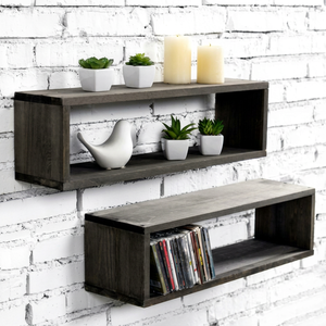 Ensemble de 2 étagères flottantes détachables à double niveau en bois gris, modernes et multifonctionnelles, pour organiser les outils dans le salon - Product Image 1