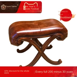 Taburete de Cuero y Madera Maciza Estilo Americano - Banco de Cuero Auténtico <span class=keywords><strong>para</strong></span> Entrada, Taburete de Café <span class=keywords><strong>para</strong></span> Sala de Estar y Taburete de Tocador <span class=keywords><strong>para</strong></span> <span class=keywords><strong>Dormitorio</strong></span> - Product Image 2