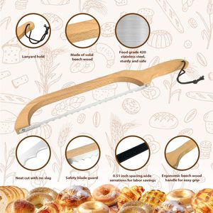 Panaderos Cuchillo de arco de pan de madera profesional Cuchillo de pan dentado de acero inoxidable con mango de madera de arco - Product Image 2