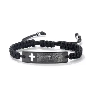 Custom Jewelry Adjustable Rope Stainless Steel Bar Cross Mens Christian Bracelet