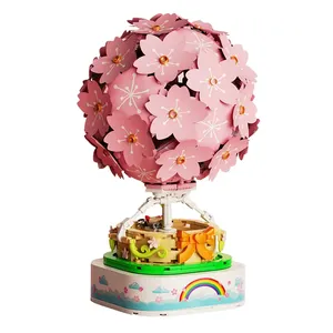 Sembo 601150 Creator Roze Sakura Heteluchtballon Roterende Muziekdoos Model Bouwstenen Diy Kits Speelgoed Voor Meisjes Cadeau