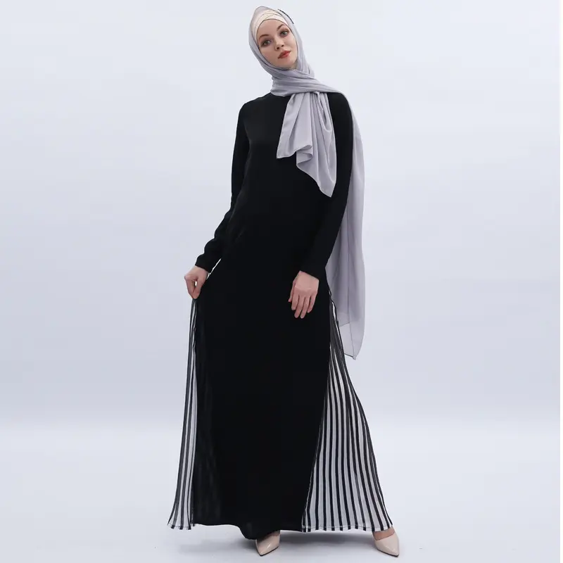 2022 Spring Abaya Chiffon Black Stripe Stitching Dresses Islamic Clothing Women Long Sleeve Prayer Muslim Evening Maxi Dress