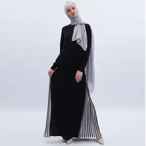 2022春季Abaya雪纺黑色条纹拼接连衣裙伊斯兰服装女士长袖祈祷穆斯林晚礼服