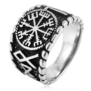 yunnique Nordic Retro Compass <b>Titanium</b> Steel <b>Ring</b> Men's Steel With Gold Accents Viking Symbol Jewelry Gift - Product Image 4