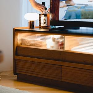 Meuble TV sur pied en bois de cerisier 1,8 m avec plateau en pierre noire et rangement, meuble de salon - Product Image 3