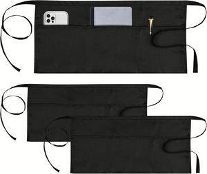 Tablier court noir personnalisé en polyester pour serveur(se) de restaurant, bar à café ou cuisine, avec trois poches - Product Image 1