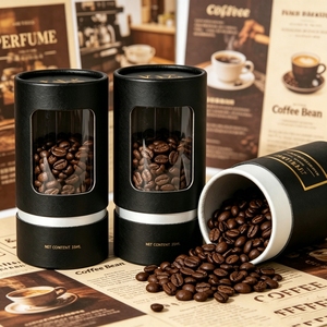 Envase de Tubo de Papel Cilíndrico Negro con Ventana Transparente de PVC para Granos de Café, Papel Kraft Reciclable con Impresión en Lámina Dorada - Product Image 1