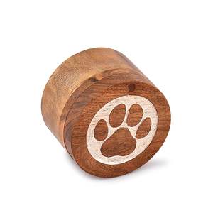 Acacia Wood Decorative Keepsake Box Round Shape White Paws Design Dogs Pet <strong>Urns</strong> for <strong>Cats</strong> - Product Image 2