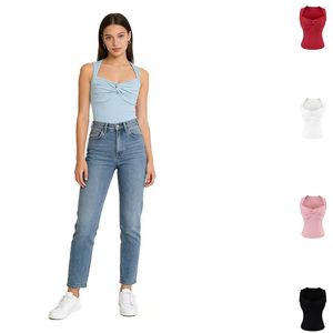 Blusa de Verano para Mujer, Corte Ajustado, Cuello en V, con Volantes, Transpirable, Tejida, Corta, Diseño Liso Teñido - Product Image 1