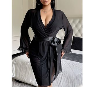 Robe <span class=keywords><strong>de</strong></span> <span class=keywords><strong>nuit</strong></span> fluide en maille rouge à bretelles spaghetti et ourlet en dentelle pour femmes rondes 2026, avec nœud décoratif pour des nuits romantiques - Product Image 3