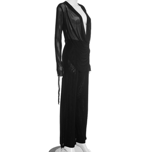 Viviblook J25ST273 <b>Sexy</b> Women's <b>Set</b> Autumn Outfits Mesh See Through Swinging Collar Tied Long Sleeved Top Slim Fit Pants <b>Set</b> - Product Image 4