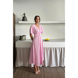 Robe en lin à col en V boutonnée sur le devant, rose, décontractée, longueur midi, taille S - Product Image 2