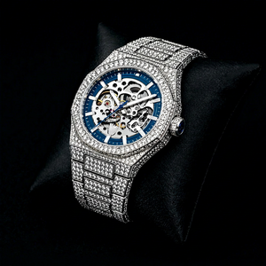 Iced Out <b>Skeleton</b> <b>Automatic</b> <b>Watch</b> Blue Dial Diamond Luxury Timepiece Full Stone Bracelet Mechanical Wristwatch For Men - Product Image 1
