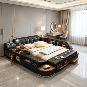 Ensembles de chambre à coucher de luxe en cuir moderne, meubles à cadre royal en bois pour filles et garçons avec tiroirs de rangement, lits d'hôtel - Product Image 2