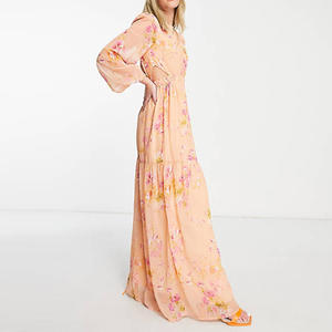 Maxi abito primavera da donna girocollo con <span class=keywords><strong>maniche</strong></span> <span class=keywords><strong>a</strong></span> <span class=keywords><strong>palloncino</strong></span> con spacco floreale in crêpe stile pesca - Product Image 1