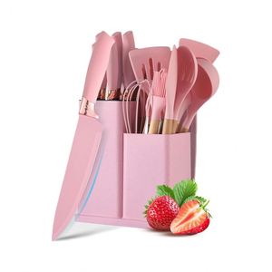 Home Utensils Kitchen Accessories Set of 19-Piece Silicone Kitchen Utensil Set W/ Wooden Handle Cutting <b>Board</b> Storage Bucket - Product Image 1
