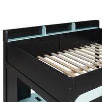Lit superposé complet avec bureau en U, prise de courant, éclairage LED RGB intelligent, 3 tiroirs de rangement et étagères, noir + bleu