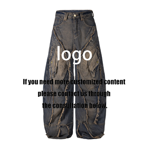 <span class=keywords><strong>Jeans</strong></span> Masculinos de Alta Qualidade, Estilo Industrial Escuro, com Retalhos Estruturais, Perna Larga, Corte Solto, Desfiado e com Borlas, Lavado, de Designer Personalizado - Product Image 2