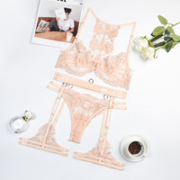 Ensemble de lingerie sexy pour femmes, sous-vêtements féminins, dentelle transparente, volants, ceinture à jarretelles, 3 pièces, ensembles exotiques