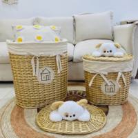 Ensemble de 4 paniers à linge en osier pour enfants Matériau naturel et écologique Construction robuste Jouets en peluche-Paniers de rangement avec couvercle ornés